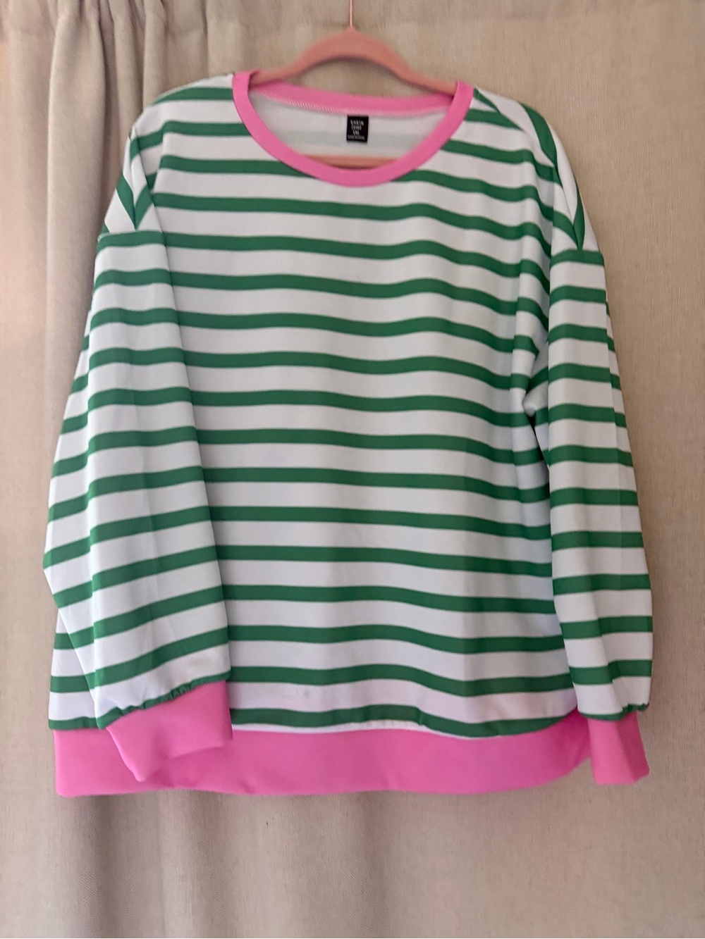 SHEIN Green & White Striped Top with Pink Trim